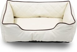 HappyCare Textiles Luxury All Sides Faux Leather Bolster Cat & Dog Bed, Ivory, Large