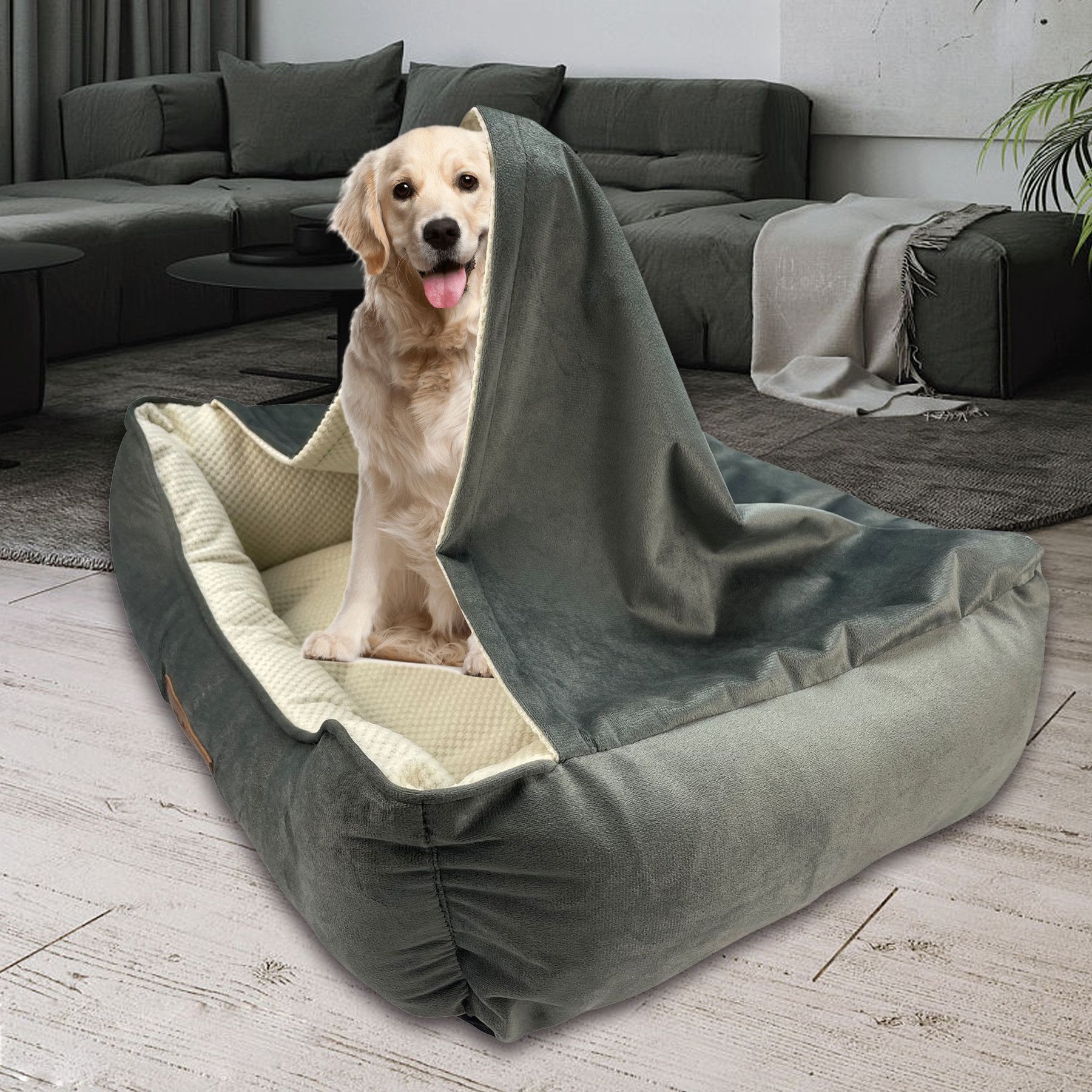 HappyCare Textiles Rectangle Mink To Popcorn Plush Cave Hooded Blanket Bolster Dog & Cat Bed, Grey, Small