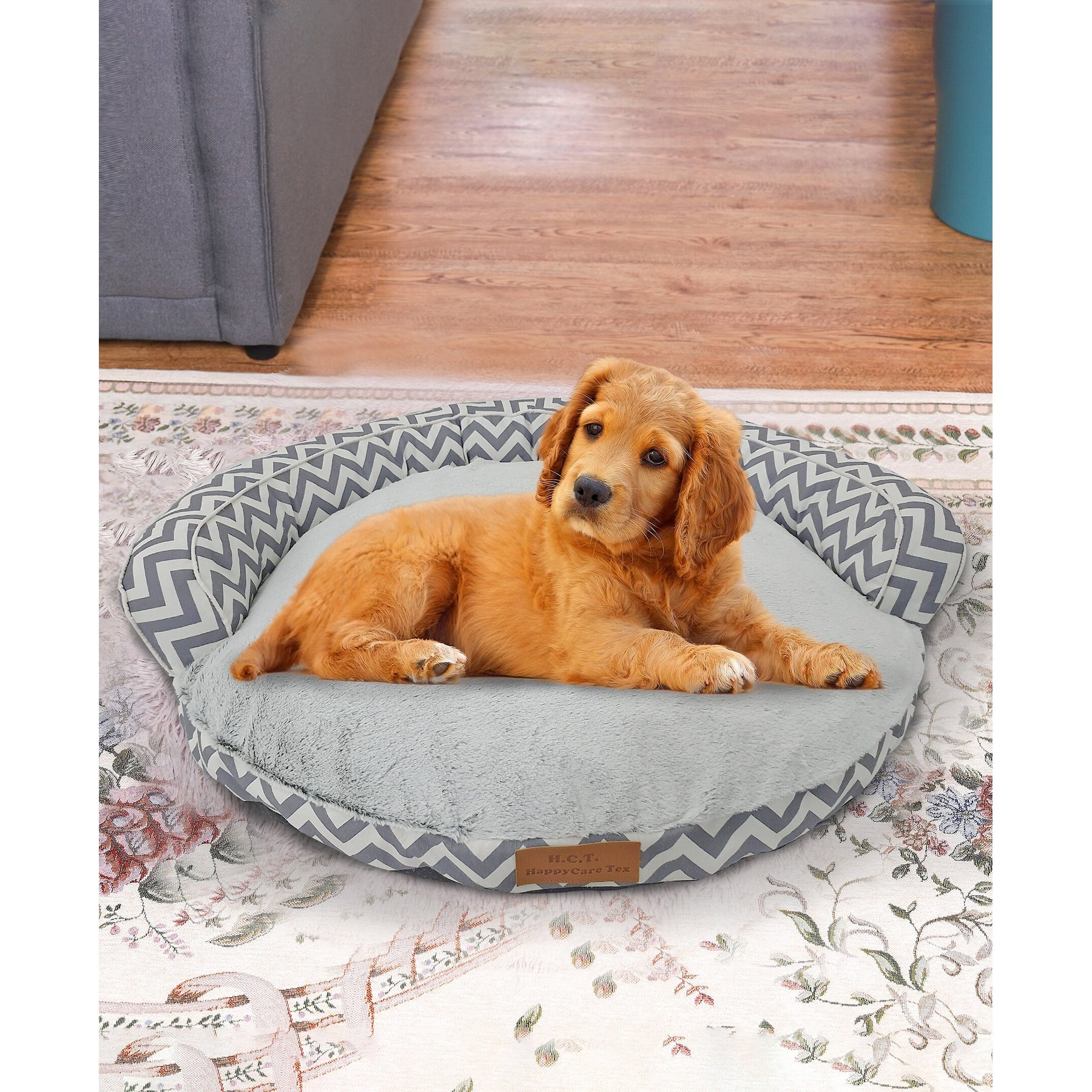HappyCare Textiles Round Bolster Cat & Dog Bed, Chevron Grey, Small