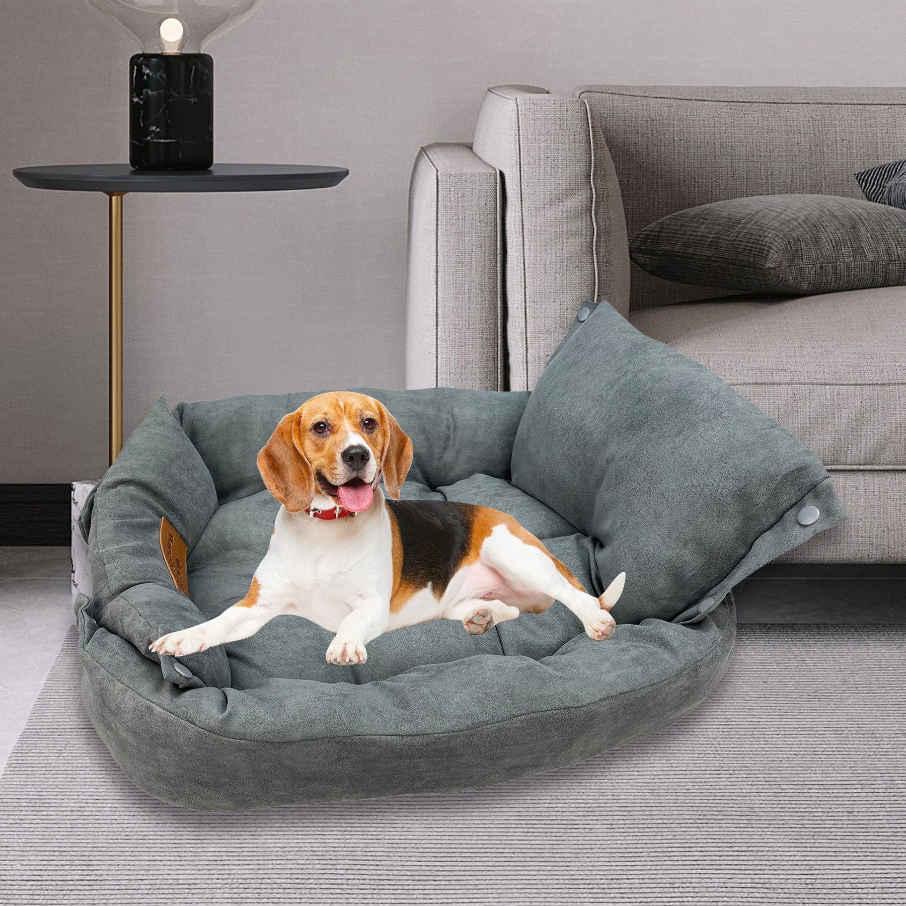 HappyCare Textiles Suede Fluffy Multi Functional Mat Bolster Dog & Cat Bed, Grey, Small
