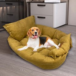 HappyCare Textiles Suede Fluffy Multi Functional Mat Bolster Dog & Cat Bed, Yellow, Medium