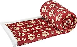 HappyCare Textiles Ultra Soft Cozy Flannel Paw Print Sherpa Cat & Dog Blanket, 50x60-in, Red