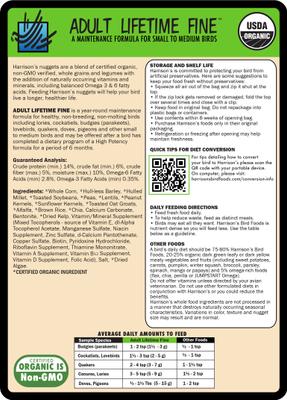 Show full view: Harrison's Bird Foods Adult Lifetime Fine Organic Pellet Bird Food, 5-lb bag slide 2 of 7