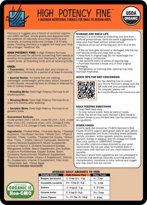 Show full view: Harrison's Bird Foods High Potency Fine Organic Pellet Bird Food, 5-lb bag slide 2 of 9