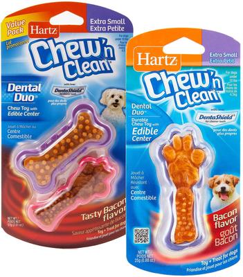 Show full view: Hartz Chew 'n Clean Dental Duo Dog Treat & Chew Toy, X-Small, 2-pack + Hartz Tiny Dog Dental Duo Rawhide-Free Dental Dog Treat, Color Varies slide 1 of 8