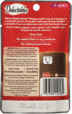 Show full view: Hartz Delectables Bisque Senior 10+ Tuna & Chicken Lickable Cat Treats, 1.4-oz pouch, bundle of 24  slide 4 of 12