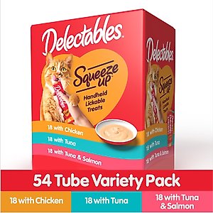 Hartz Delectables Squeeze Up Tuna, Chicken, & Salmon Flavored Variety Pack Lickable Cat Treats, 0.5-oz tube, 54 count