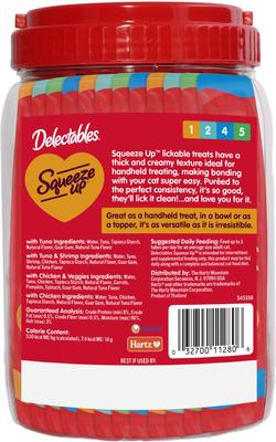 Show full view: Hartz Delectables Squeeze Up 4-Flavor Variety Pack Grain-Free Lickable Cat Treats, 0.5-oz tube, 96 count bundle  slide 4 of 11