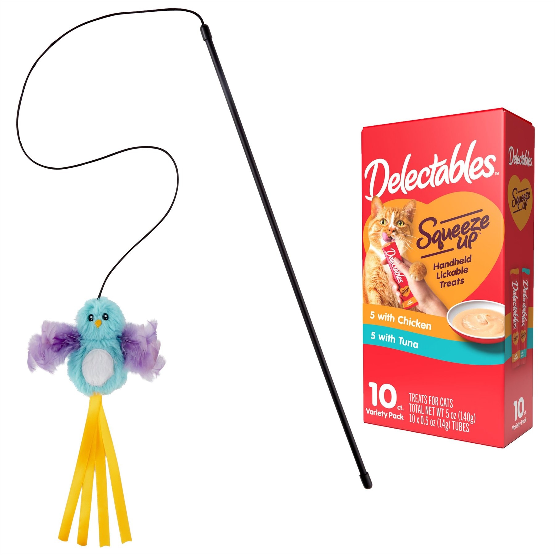 Hartz Delectables Squeeze Up Variety Pack Lickable Treats + Frisco Bird Teaser with Feathers Cat Toy, Blue