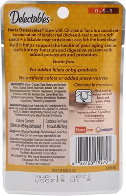 Show full view: Hartz Delectables Stew Senior 15+ Chicken & Tuna Lickable Cat Treats, 1.4-oz, bundle of 48  slide 4 of 12
