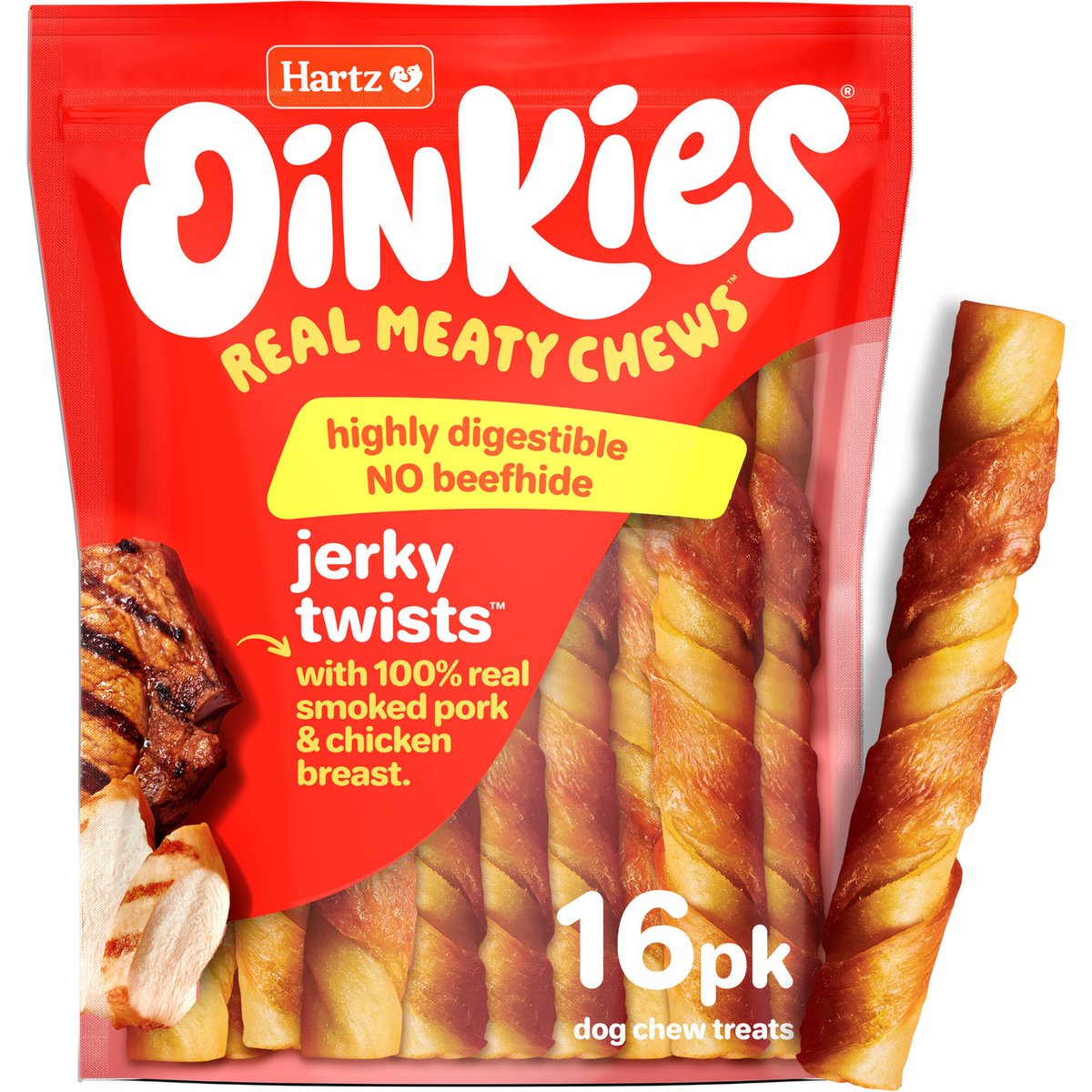 Hartz Oinkies Jerky Twists with 100% Real Chicken Breast & Smoked Pork Rawhide-Free Natural Dog Treats, 16 count