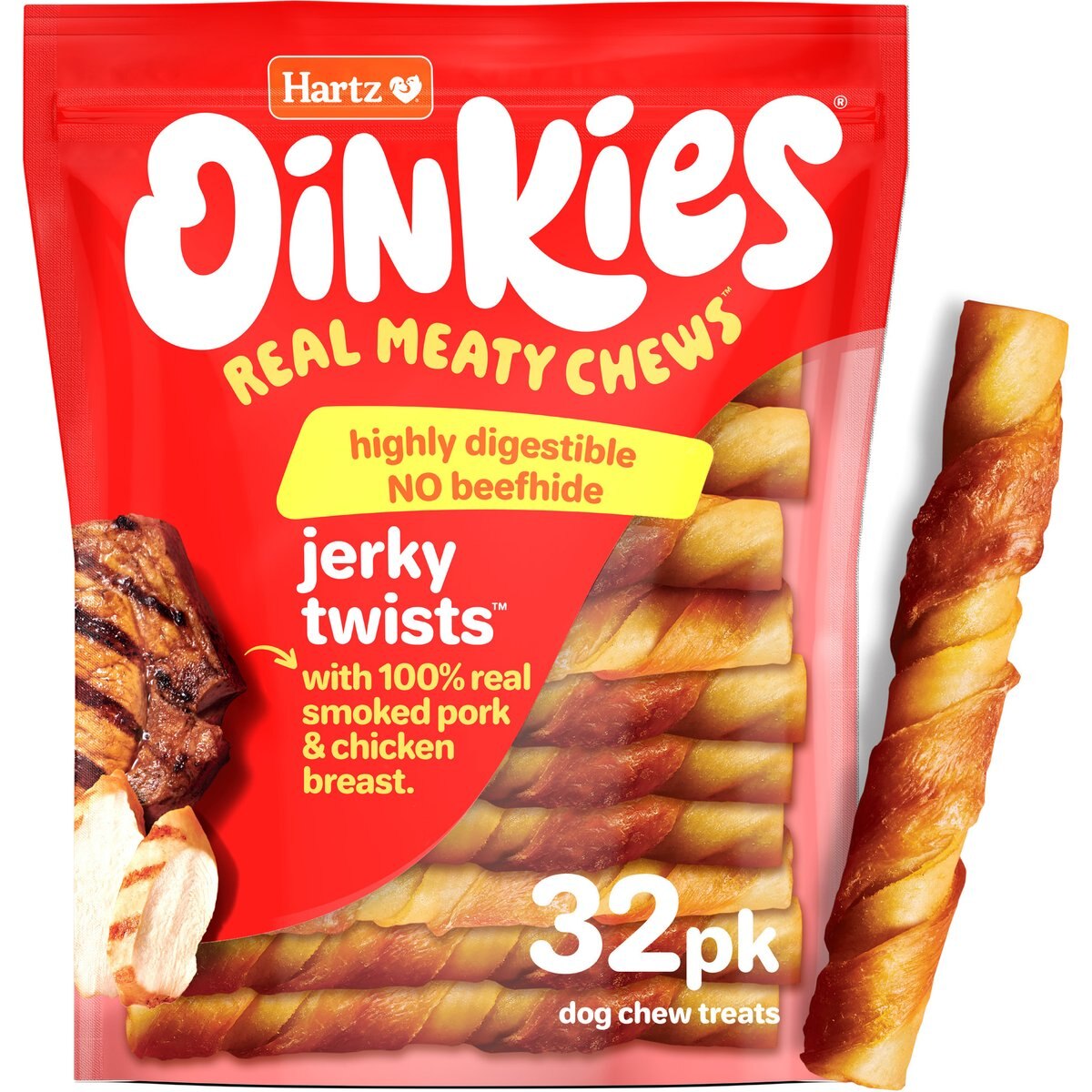 Hartz Oinkies Jerky Twists with 100% Real Chicken Breast & Smoked Pork Rawhide-Free Natural Dog Treats, 32 count