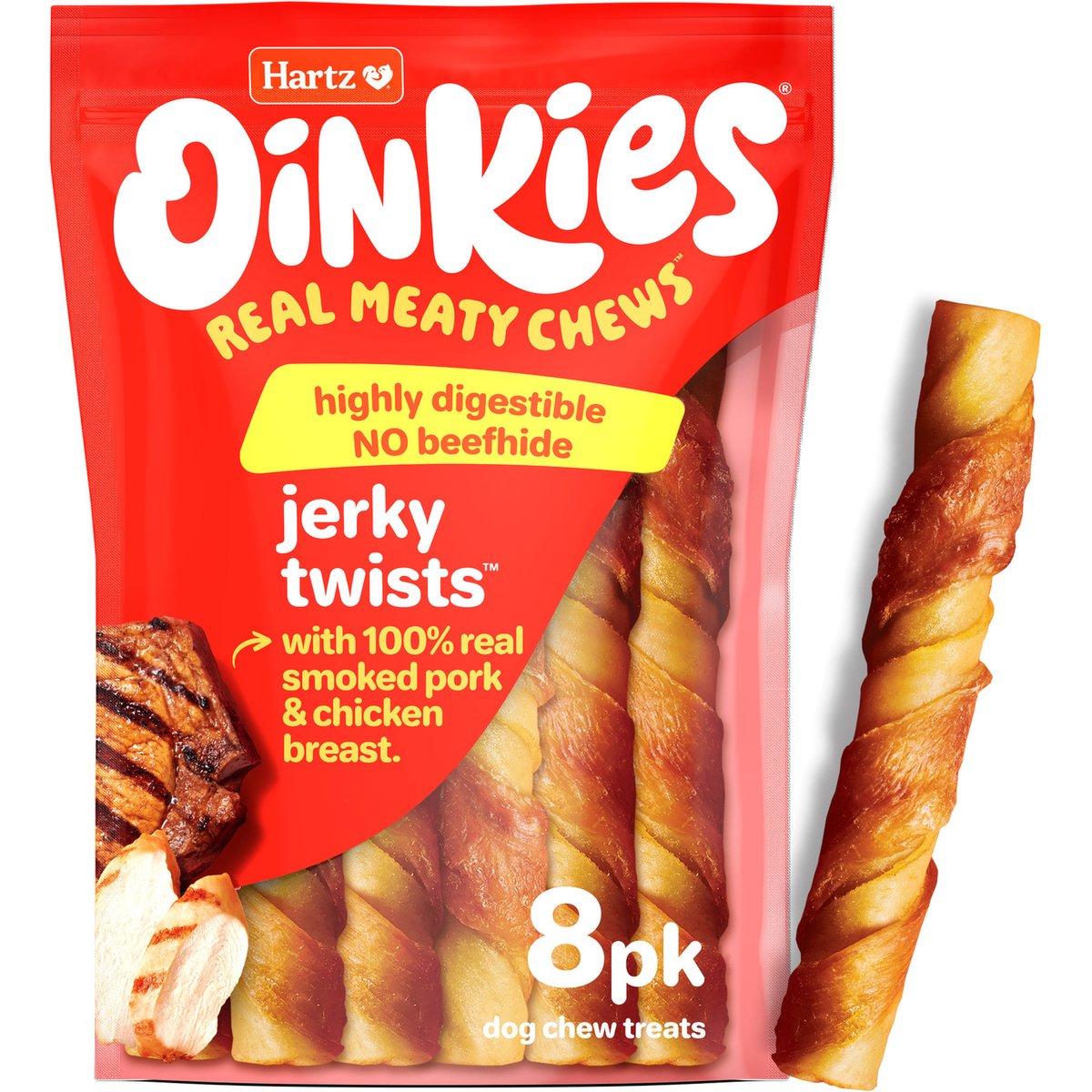 Hartz Oinkies Jerky Twists with 100% Real Chicken Breast & Smoked Pork Rawhide-Free Natural Dog Treats, 8 count