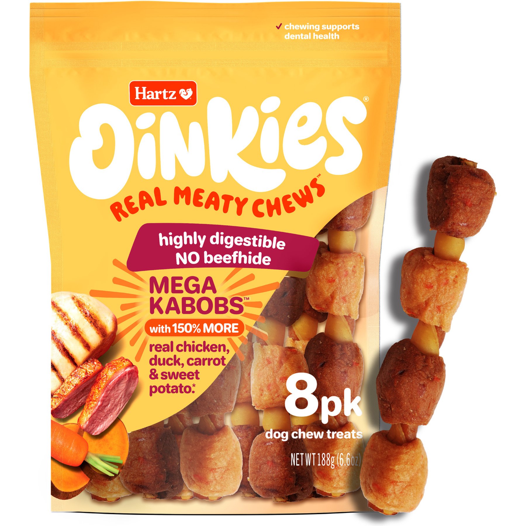Hartz Oinkies Mega Kabobs with 100% Real Chicken Breast, Duck, Carrot & Sweet Potato Natural Dog Chews, 8 count