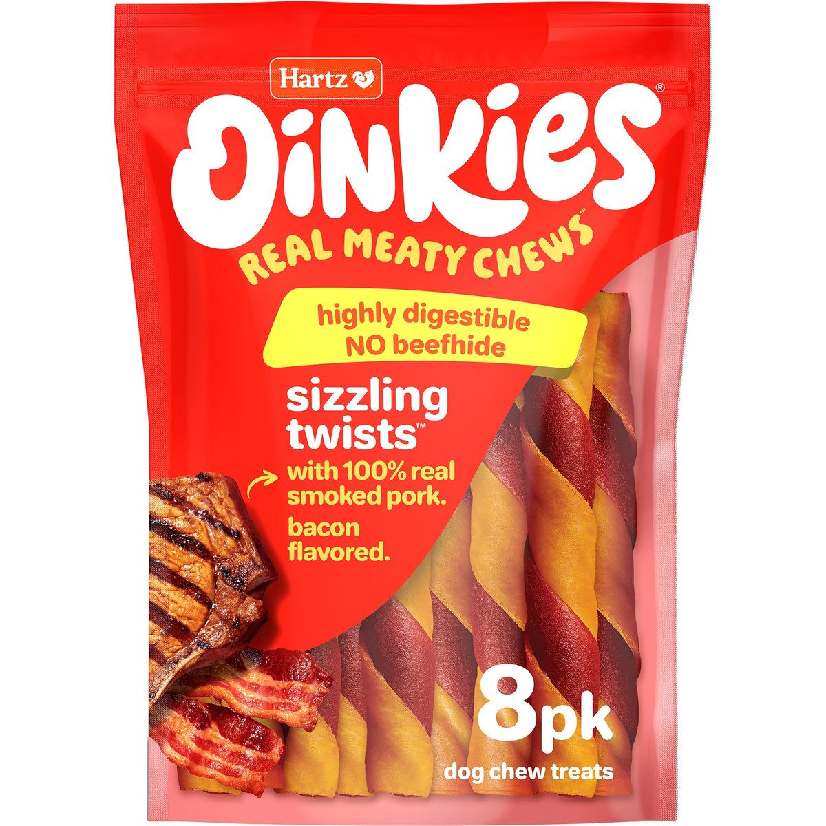 Hartz Oinkies Sizzling Twists with 100% Real Smoked Pork Bacon Flavored Rawhide-Free Natural Dog Treats, 8 count