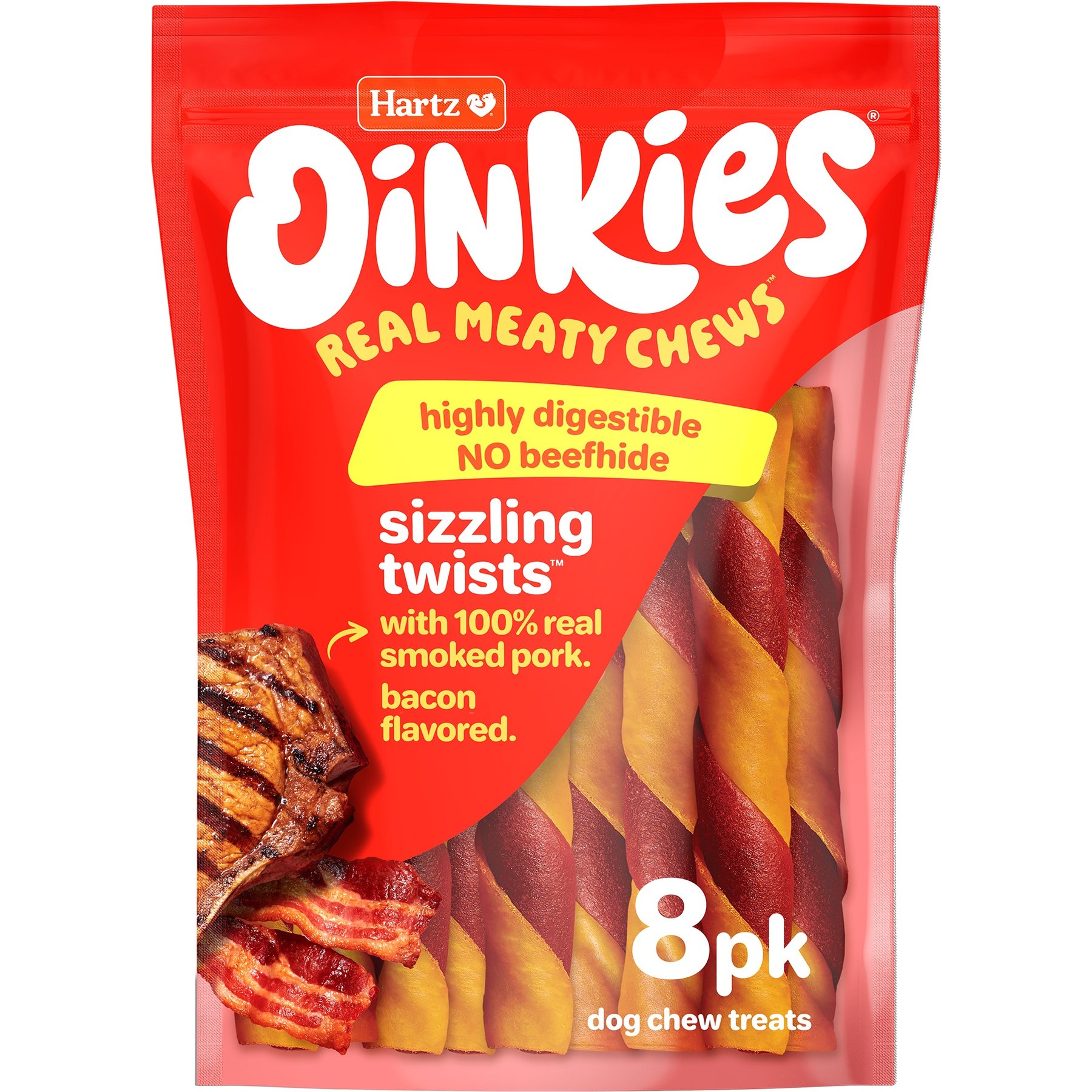 Hartz Oinkies Sizzling Twists with 100% Real Smoked Pork Bacon Flavored Rawhide-Free Natural Dog Treats, 8 count