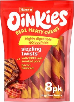 Show full view: Hartz Oinkies Sizzling Twists with 100% Real Smoked Pork Bacon Flavored Rawhide-Free Natural Dog Treats, 8 count slide 1 of 12