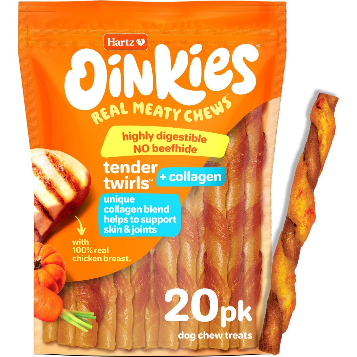 Hartz Oinkies Tender Twirls + Collagen for Skin & Joints Rawhide-Free Natural Dog Treats, 20 count