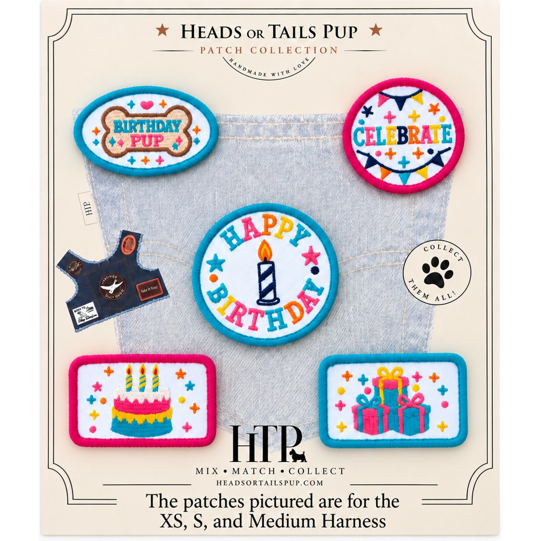 Heads or Tails Pup Birthday Patch Set Dog Harness Accessory, X-Small/Medium: 10 to 22-in chest