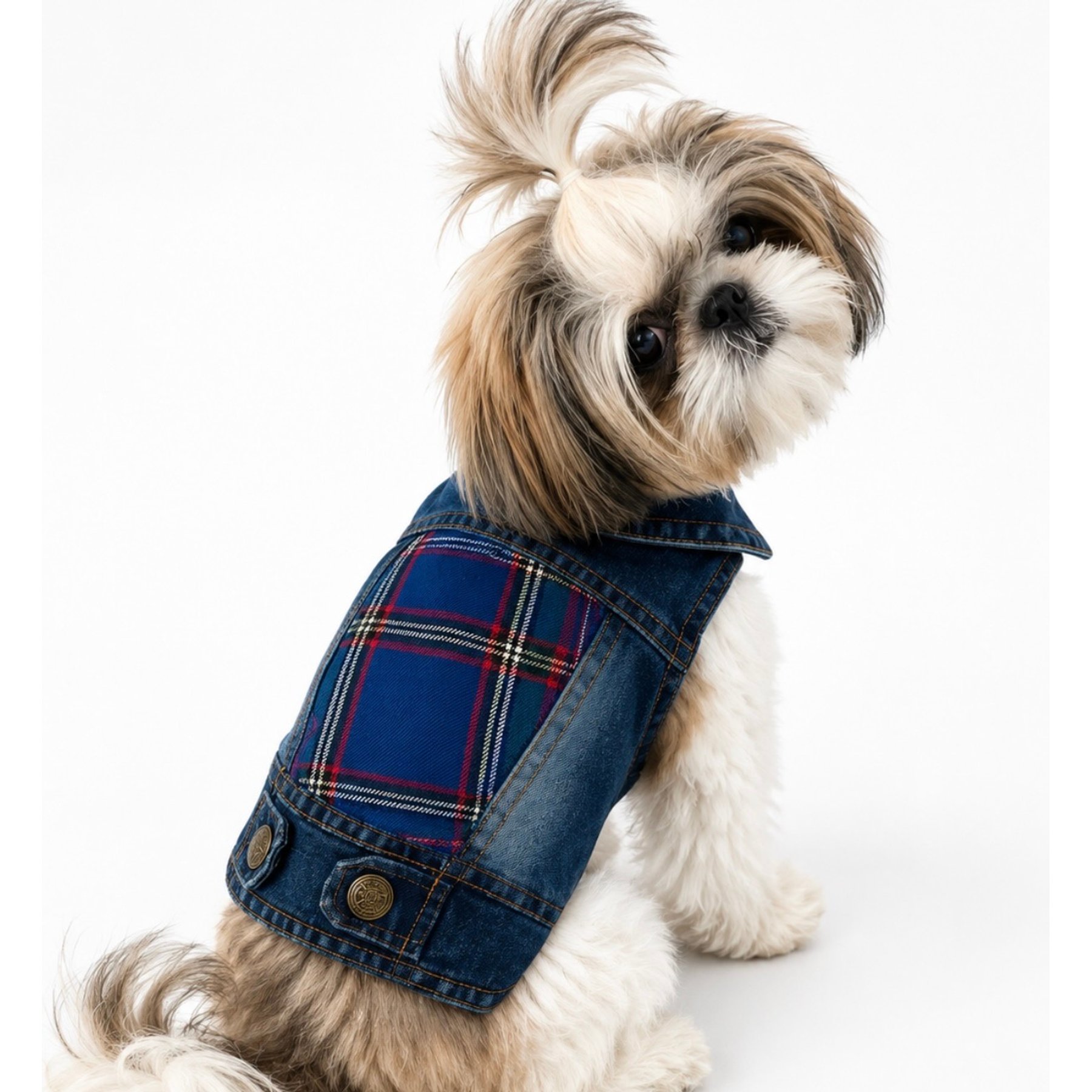 Heads or Tails Pup Plaid Panel Denim Dog Vest, Blue/Red, XX-Large