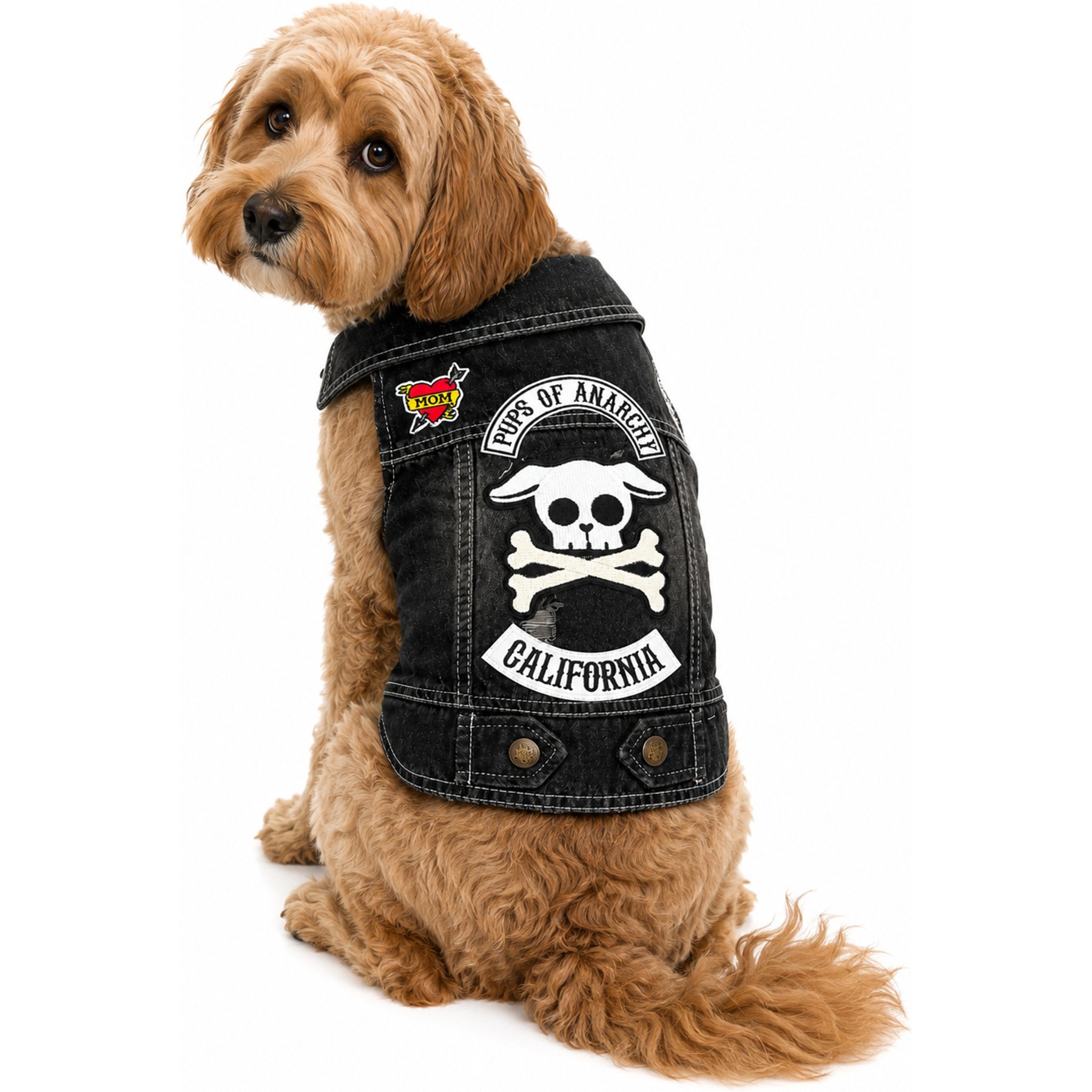 Heads or Tails Pup Pups of Anarchy Leash Opening Dog Vest, Black Denim, Medium