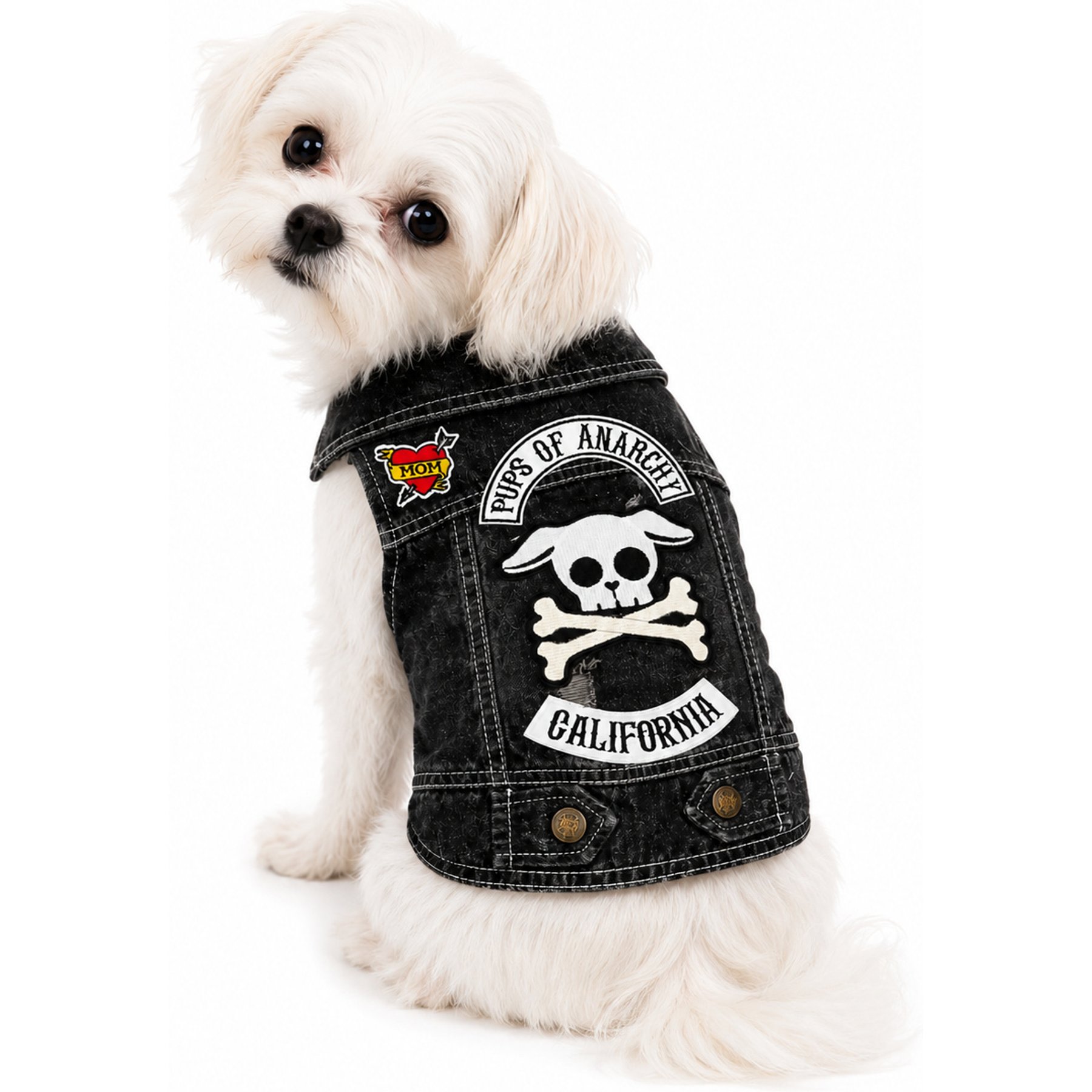 Heads or Tails Pup Pups of Anarchy Leash Opening Dog Vest, Black Denim, Small