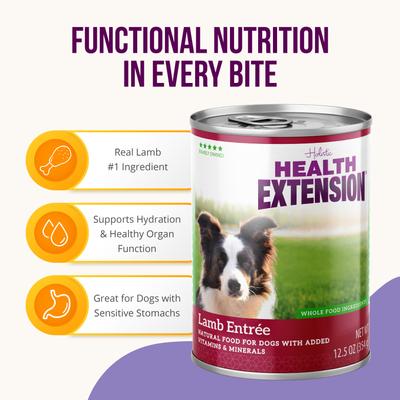 Show full view: Health Extension 95% Lamb Entree Wet Dog Food, 12.5-oz can, case of 12 slide 5 of 9
