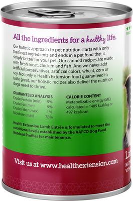 Show full view: Health Extension 95% Lamb Entree Wet Dog Food, 12.5-oz can, case of 12 slide 3 of 9