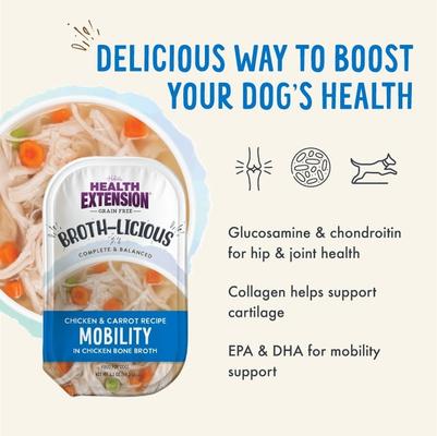 Show full view: Health Extension Broth-Licious Mobility Grain-Free Chicken & Carrot in Chicken Bone Broth Wet Dog Food, 3.5-oz tray, case of 12 slide 4 of 9