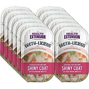 Health Extension Broth-Licious Shiny Coat Grain-Free Ocean Fish in Fish Bone Broth Wet Dog Food, 3.5-oz tray, case of 12