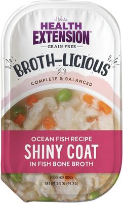 Show full view: Health Extension Broth-Licious Shiny Coat Grain-Free Ocean Fish in Fish Bone Broth Wet Dog Food, 3.5-oz tray, case of 12 slide 3 of 8