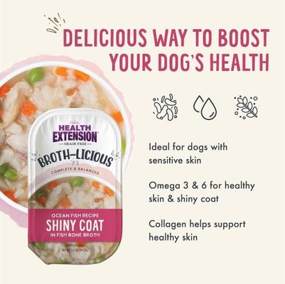 Show full view: Health Extension Broth-Licious Shiny Coat Grain-Free Ocean Fish in Fish Bone Broth Wet Dog Food, 3.5-oz tray, case of 12 slide 4 of 8