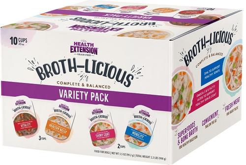 Show full view: Health Extension Broth-Licious Variety Pack Grain-Free Bits in Broth Wet Dog Food, 3.5-oz tray, case of 10 slide 7 of 10