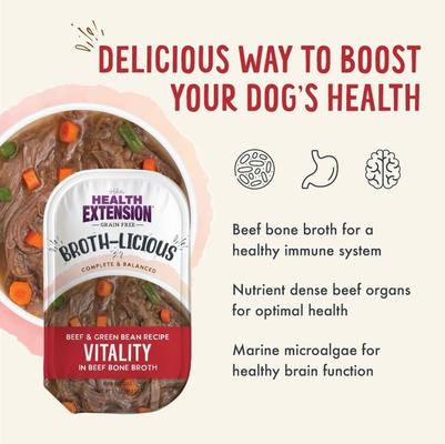 Show full view: Health Extension Broth-Licious Vitality Grain-Free Beef & Green Bean in Beef Bone Broth Wet Dog Food, 3.5-oz tray, case of 12 slide 4 of 8