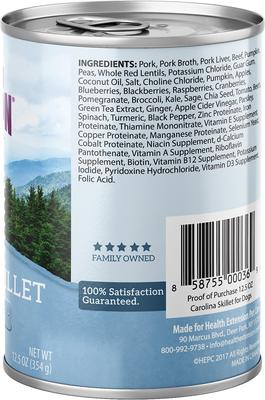 Show full view: Health Extension Carolina Skillet Pork Recipe Grain-Free Wet Dog Food, 12.5-oz can, case of 12 slide 4 of 11