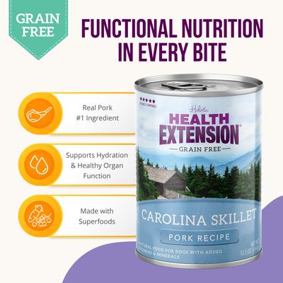 Show full view: Health Extension Carolina Skillet Pork Recipe Grain-Free Wet Dog Food, 12.5-oz can, case of 12 slide 6 of 11