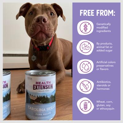 Show full view: Health Extension Carolina Skillet Pork Recipe Grain-Free Wet Dog Food, 12.5-oz can, case of 12 slide 8 of 11