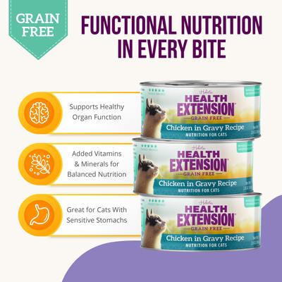 Show full view: Health Extension Chicken in Gravy Grain-Free Wet Cat Food, 2.8-oz can, case of 24 slide 6 of 9