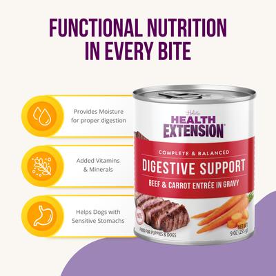 Show full view: Health Extension Digestive Support Beef & Carrot Entrée in Gravy Dog Food, 9-oz can, case of 12 slide 5 of 10