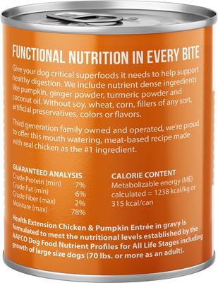 Show full view: Health Extension Digestive Support Chicken & Pumpkin Entrée in Gravy Dog Food, 9-oz can, case of 12 slide 4 of 10