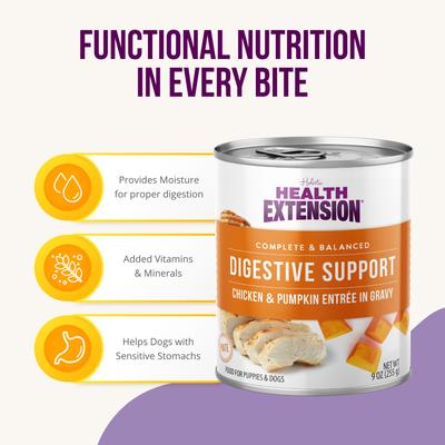 Show full view: Health Extension Digestive Support Chicken & Pumpkin Entrée in Gravy Dog Food, 9-oz can, case of 12 slide 5 of 10