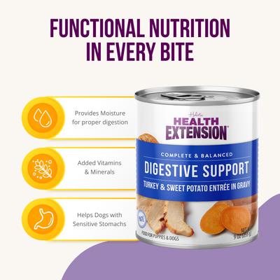 Show full view: Health Extension Digestive Support Turkey & Sweet Potato Entrée in Gravy Dog Food, 9-oz can, case of 12 slide 5 of 10
