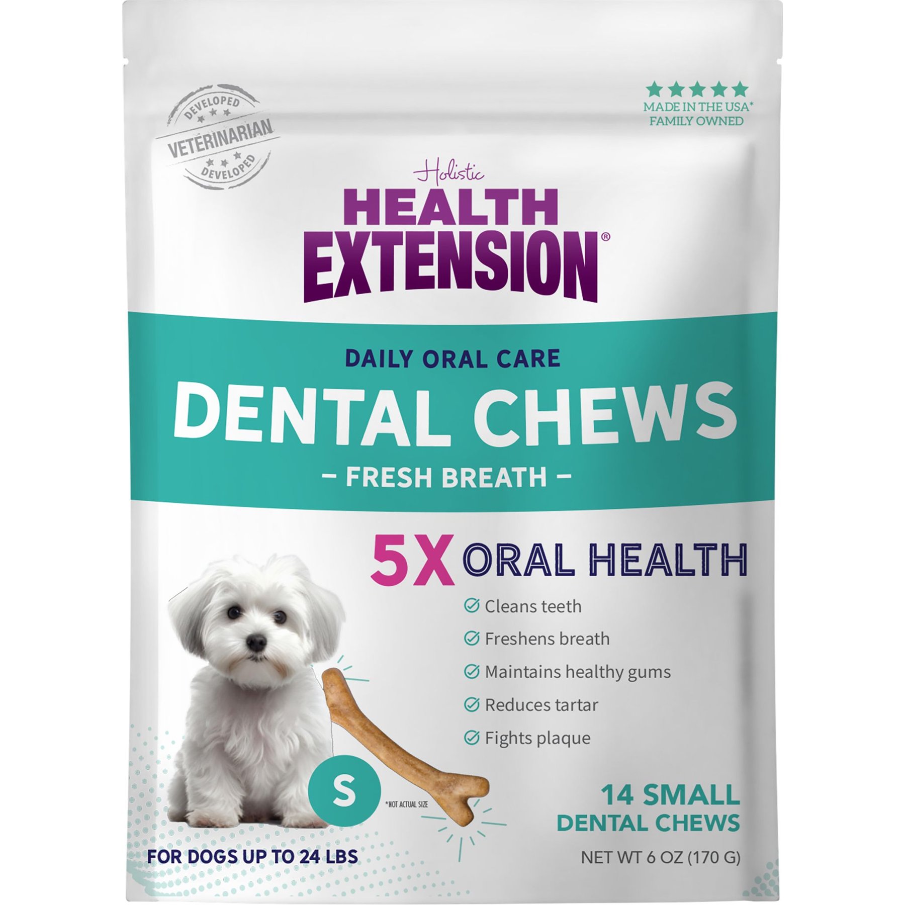 Health Extension Fresh Breath Mint Flavored Dental Bones Dog Treats, Small, 14 count