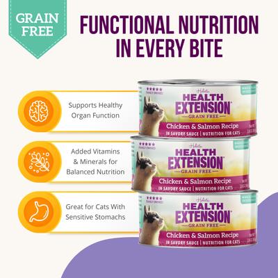 Show full view: Health Extension Grain-Free Chicken & Salmon Recipe Canned Cat Food, 2.8-oz, case of 24 slide 5 of 11