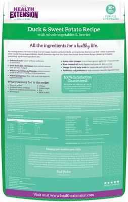 Show full view: Health Extension Grain-Free Duck & Sweet Potato Recipe Dry Dog Food, 23.5-lb bag slide 3 of 11