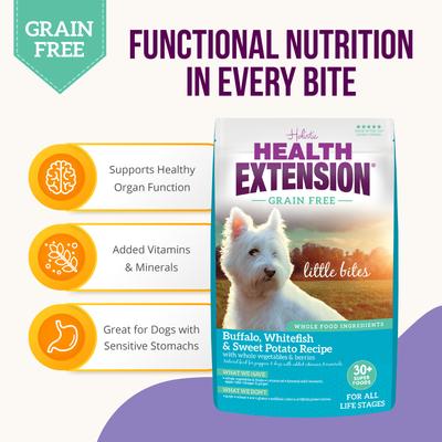 Show full view: Health Extension Grain-Free Little Bites Buffalo & Whitefish Recipe Dry Dog Food, 23.5-lb bag slide 5 of 12