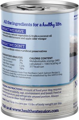 Show full view: Health Extension Grain-Free Northern Catch Salmon Wet Dog Food, 12.5-oz can, case of 12 slide 3 of 9