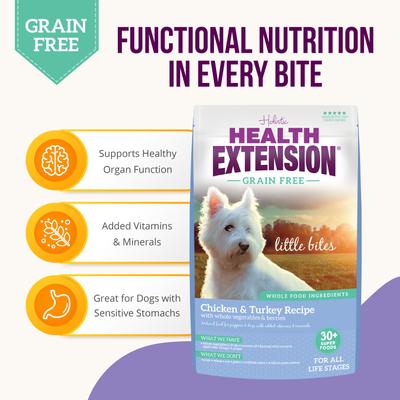 Show full view: Health Extension Little Bites Grain-Free Chicken & Turkey Recipe Dry Dog Food, 12-lb bag slide 5 of 11