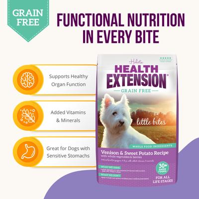Show full view: Health Extension Little Bites Grain-Free Venison & Sweet Potato Recipe Dry Dog Food, 12-lb bag slide 5 of 10