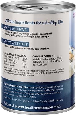 Show full view: Health Extension Mediterranean Roast Lamb Recipe Grain-Free Wet Dog Food, 12.5-oz can, case of 12 slide 3 of 10